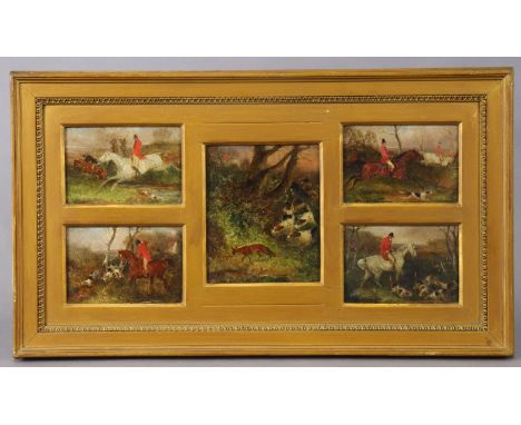 Style of HEYWOOD HARDY (1842-1933).  A group of five small oil sketches of various hunting scenes, 8cm x 12.5cm &amp; 14.5 cm