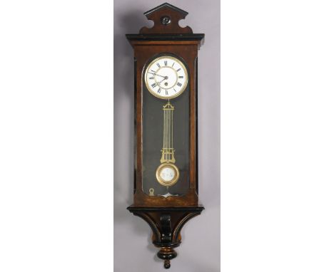 A late 19th/early 20th century Vienna-type wall clock, the 25cm white enamel dial with roman numerals, brass bezel, in glazed