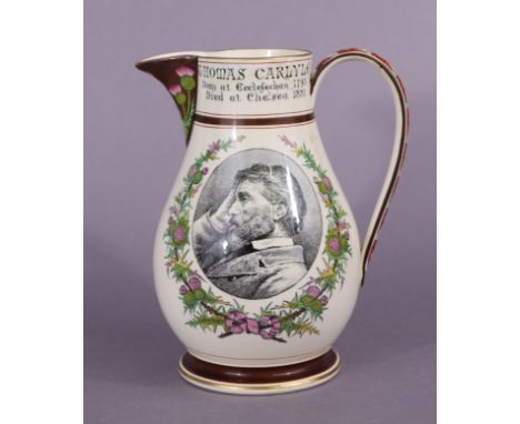 A late 19th century Wedgwood “Thomas Carlyle” jug, with transfer-printed portrait to the baluster body, verse to the other si