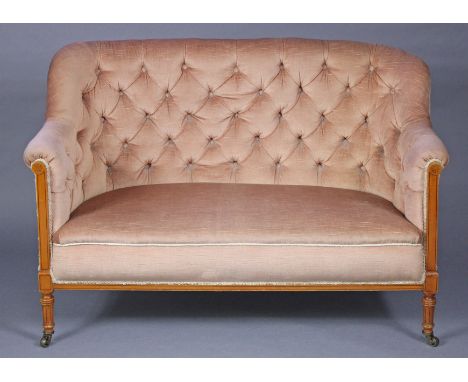 A late Victorian small sofa upholstered salmon-pink velour, the show-wood frame with inlaid roundels &amp; ebonised stringing