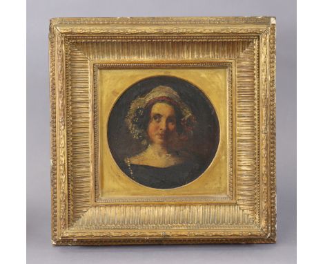 Attributed To WILLIAM ETTY, R. A. (1787-1849). Portrait of a lady, head &amp; shoulder length wearing lace bonnet, oil on pan