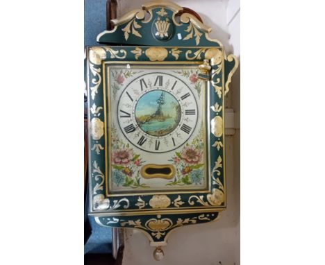 A 19th century French rectangular wall clock, painted with a central shipping scene to the 29cm enamel dial, having roman num