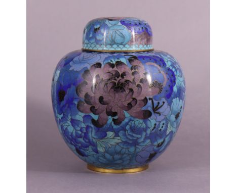 A 20th century Chinese gilt-brass &amp; cloisonne enamel ovoid jar &amp; cover of blue/turquoise ground with millefleur decor