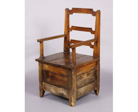 An antique French provincial salt chair with open arms &amp; ladder back, the box-seat with sliding lid, on square legs, 52cm