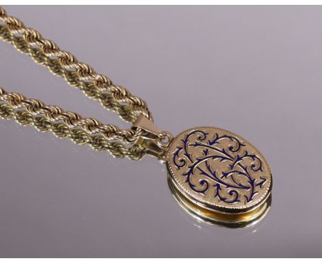 A 9ct. gold rope-twist necklace, 61cm long (14.5gm), with pendant yellow metal &amp; enamel oval locket.