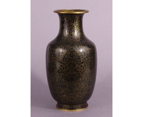 A 20th century Chinese gilt-brass &amp; cloisonne enamel ovoid vase of black ground with flared neck &amp; all-over floral sc