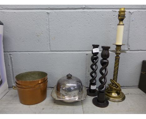 Three copper saucepans, plated muffin dish, a pair and one single candlestick&nbsp;&nbsp;**PLEASE NOTE THIS LOT IS NOT ELIGIB