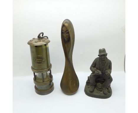 A small Hockley miners lamp, resin figure and a bronzed figure of a stylised girl, after Giovanni Schoeman 