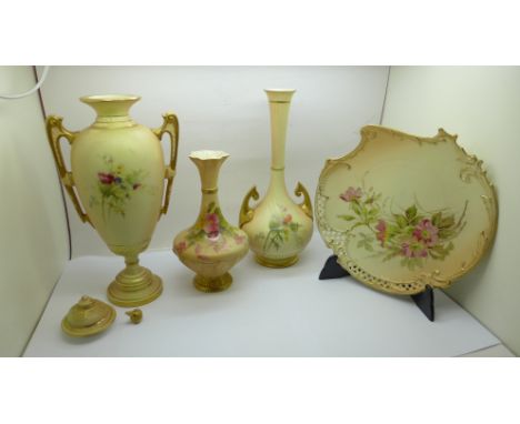 Three Royal Worcester blush ivory vases and a plate, lid a/f 