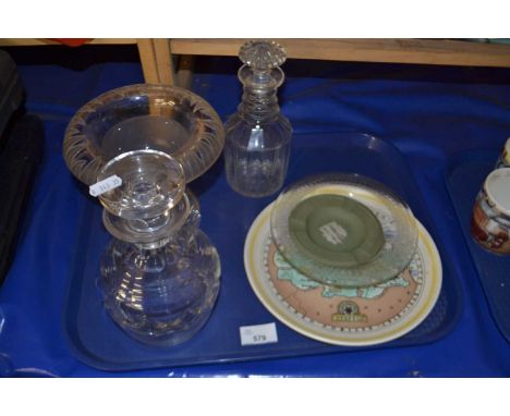 Mixed Lot: Two decanters, glass dish, Wedgwood Jasper ware and a Poole Pottery plate of Norfolk