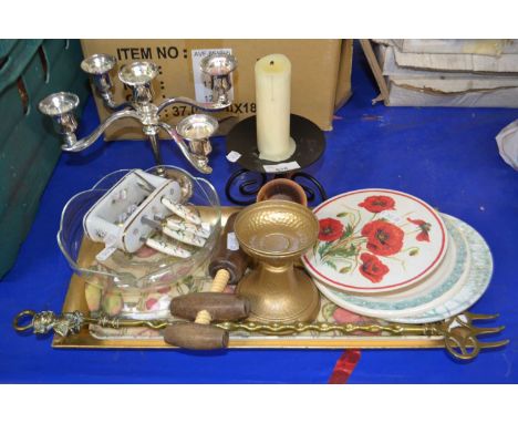 Mixed Lot: Four branch candelabra, other smaller candelabras, pot stand, tray, toasting fork etc