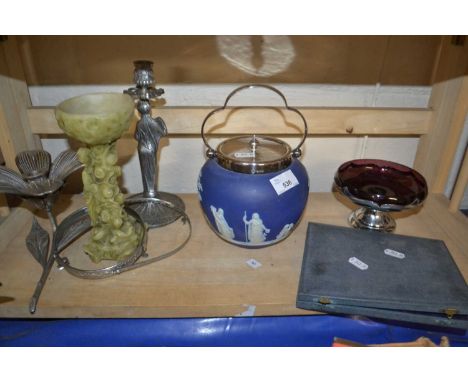Mixed Lot: Wedgwood style tobacco jar, plated butter knives, glass dish and stand, candlesticks etc
