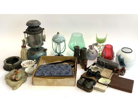 A mixed lot to include opera glasses, binoculars, Bective handbag, coloured glass, oil lantern, onyx eggs, swatch watch (af),