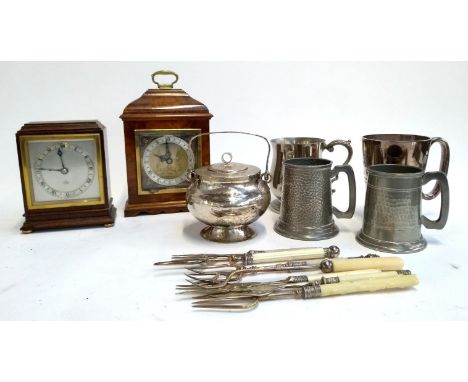 Two Elliott mantel clocks, together with a quantity of metal items including hammered Sheffield pewter tankard, white metal h