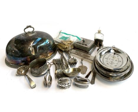 A mixed lot of silver plated wares to include a meat cloche, 37cmW, various flatware, butter dish, coasters, Ronson lighters,