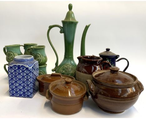 A mixed lot of ceramics to include norleans teapot and cups, stoneware jug, enamel coffee pot etc 