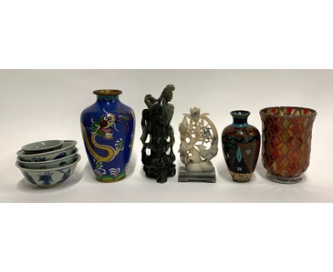 A mixed lot to include soapstone and hardstone carved figures, cloisonne enamel dragon vase, various bowls