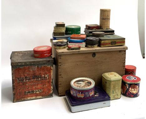 A quantity of various biscuit and tobacco tins, a small deed box and a pine storage trunk, 46cmW 