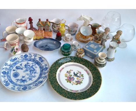 A mixed lot of ceramics to include Wedgwood Jasper ware trinket box, bisque porcelain horse bust, small Wedgwood vases, Staff