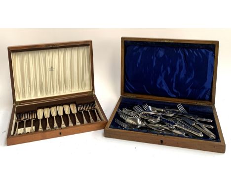 A Mappin &amp; Webb canteen of plated fish knives and forks for 6 place settings, together with a quantity of flatware in an 