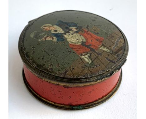 A 19th century hand painted snuff box depicting a man smoking a pipe, 7.5cmD