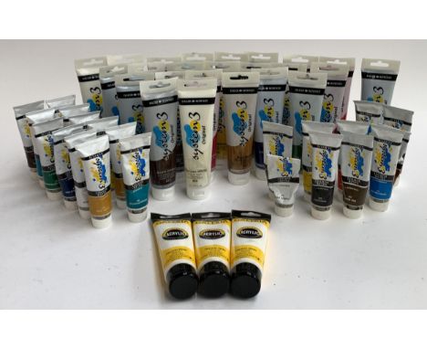 A mixed lot of acrylic paints to include Daler-Rowney system 3 150ml (24), 75ml (20) together with 3 Winsor Newton Galleria t