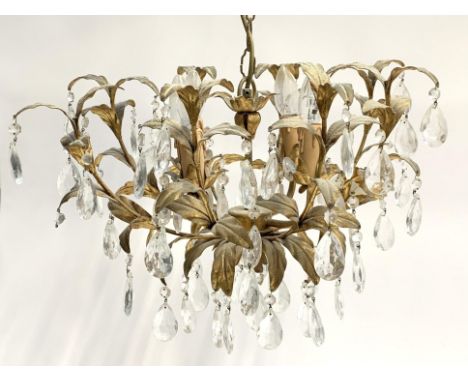 A gilt metal four light fitting acanthus chandelier with cut glass drops, approx. 55cmD 