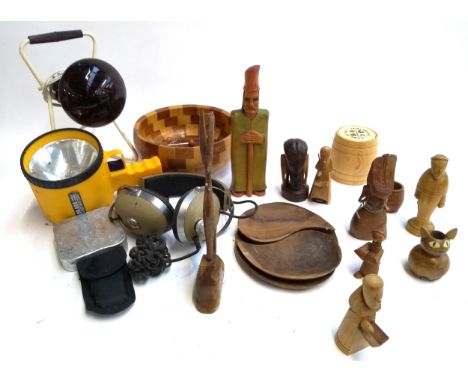 A mixed lot to include carved wooden items, Koss pro/4aa headphones, industrial style light etc