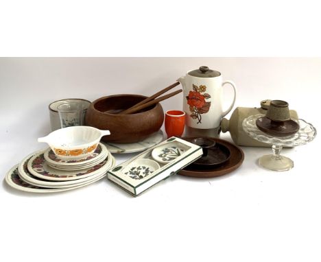A mixed lot to include stoneware hot water bottle, Jon Anton 'Springtime' plates, turned wood salad bowl and servers, enamel 