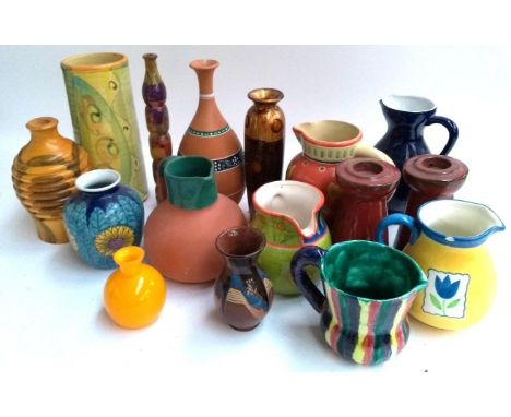 A mixed lot of ceramics to include cylindrical vase by Richard Wilson chapel yard pottery, turned wood vase in beehive form, 