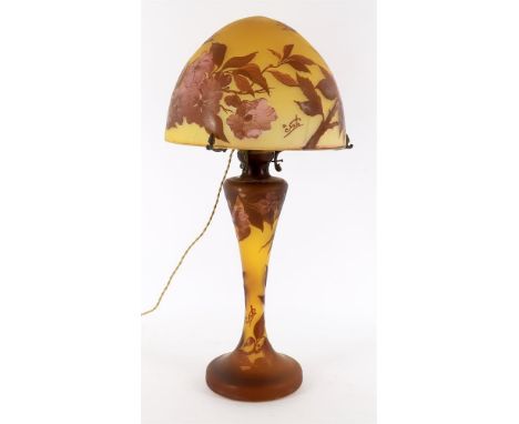 A large modern Galle style glass lamp base and shade, fitted with screw mounted electrical fitments with external and interna