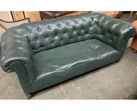 A green leather button back chesterfield sofa, 180cmW 