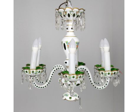 A Bohemian flash cut and floral painted 6 light green and opaque white glass chandelier, approximately 54cm high (but higher 