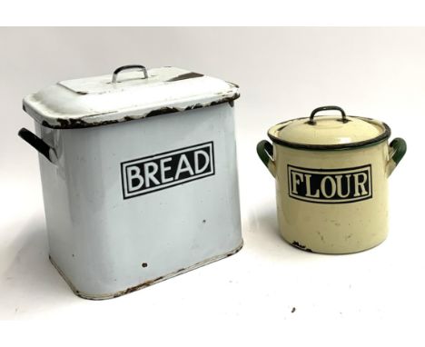 A vintage enamel bread bin, 28cmH; together with a vintage enamel flour bin, 19cmH 