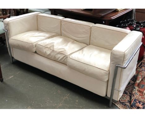 A white vinyl and chrome 20th century three seater sofa, 180cmW 