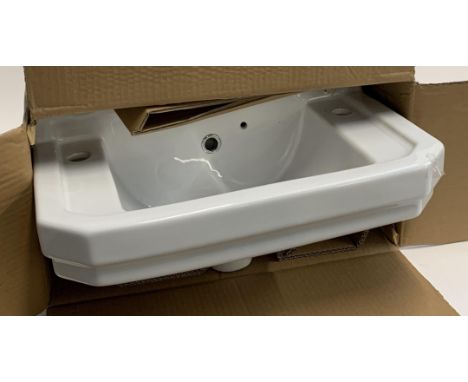 A 'The Bath Co.' traditional two tap cloakroom basin, 50cmW 31cmD, boxed, with pedestal, also boxed 