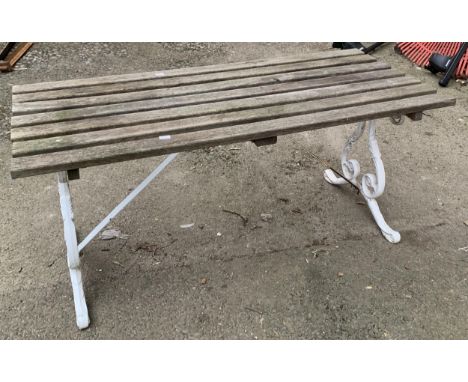 A slatted garden table/bench painted metal supports, 110x50x47cm 