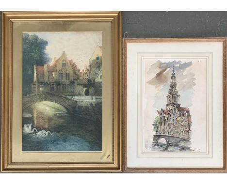 20th century watercolour, continental facade and church spire, 45x30cm, together with a colour print of a canal bridge and sw
