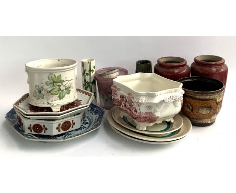A mixed lot of ceramics to include Spode, West German planter, 19th century blue and white meat plate, planters, vases etc 