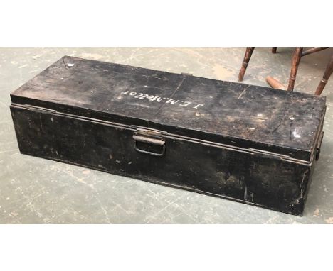 A black painted metal travel trunk, marked J.E.M Mellor, 110x40x26cmH 