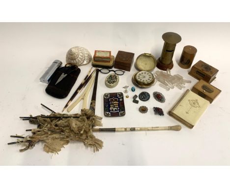 A mixed lot to include 3 mauchline ware items, enamel and brass pin dish Canada RD 1903, estyma travelling clock, book of com