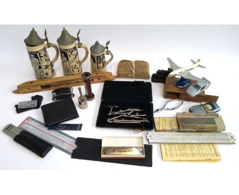 A mixed lot to include measuring instruments, Unique Brighton slide rule, serenade harmonica, Gisholt time computer, Ronson v