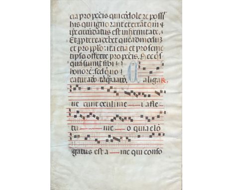 A leaf from a dispersed velum painted manuscript, both sides, text over plainsong, 43 x 30cm 