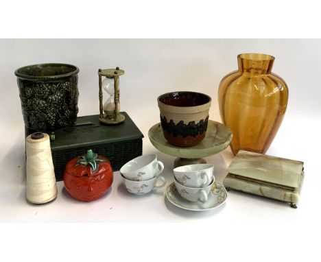 A mixed lot to include a Sylvac tomato pot, West German plant pot, onyx tazza dish, onyx trinket box, brass egg timer etc 