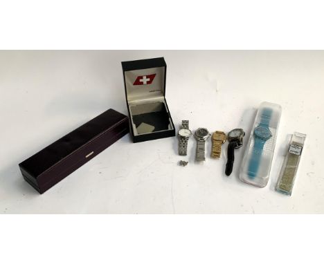 Five gents wristwatches to include Swatch, boxed, Seiko, Tissot, etc together with an Asprey watch case 