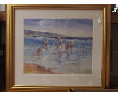 Large framed print, beach scene, Sparkling Seas, signed Judy Talacko 