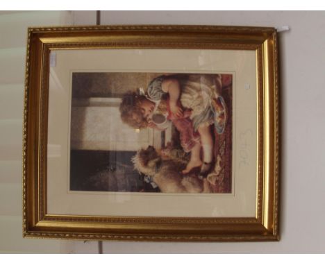 Gilt framed print, depicting young girl playing