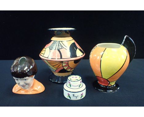 LORNA BAILEY, OLD ELLGREAVE POTTERY: A 'FLAPPER' VASE19cm high, a 'Sunburst' vase 17cm high, a self portrait vase, and weddin