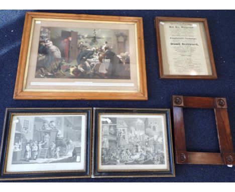 A VICTORIAN CHROMOLITHOGRAPH; 'AN AWFUL APPARITION'in maple frame 50 x 64cm, two prints after Hogarth, a playbill for 'Rob Ro