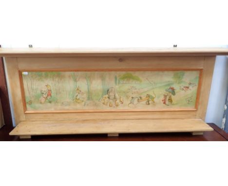 AN EDWARDIAN WALL SHELF WITH BEATRIX POTTER FRIEZEstripped pine (cut from a nursery fire surround), the shelf 124cm wide